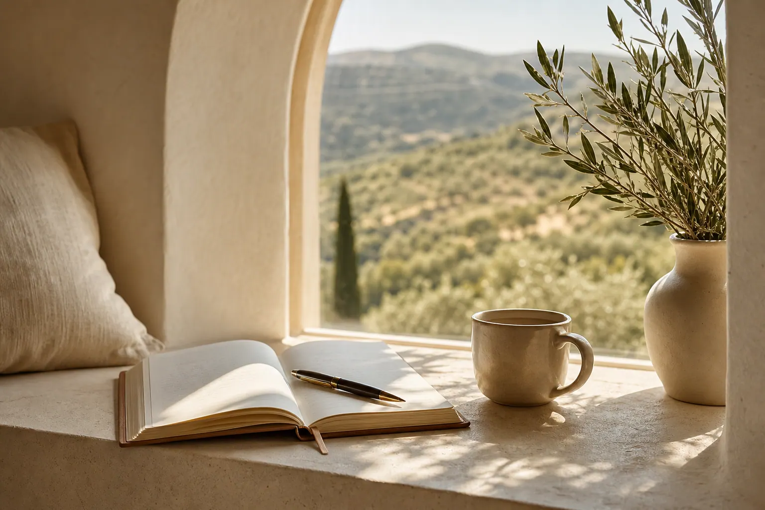 Cuaderno abierto junto a una ventana con vistas