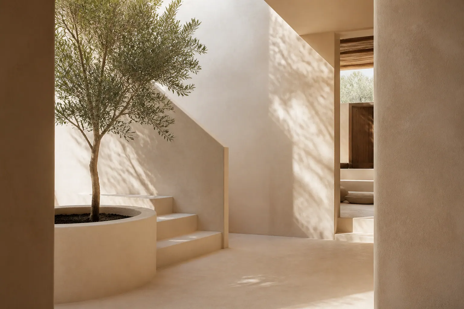 Interior minimalista con olivo y luz suave